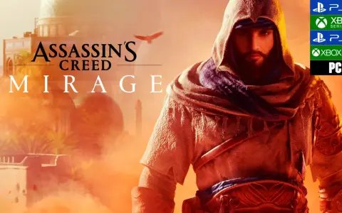 Un asesino con capucha en Assassin's Creed Mirage, con el título del juego y los logos de las plataformas.