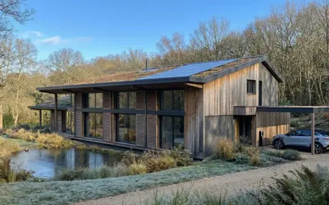Une maison écologique moderne avec un toit végétalisé et des panneaux solaires, nichée près d'un étang gelé.
