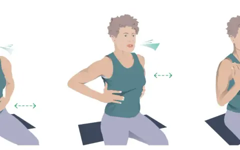 A woman demonstrates breathing exercises. The first panel shows diaphragmatic breathing, the second shows rib cage expansion, and the third shows shoulder breathing. All are good for the lungs.