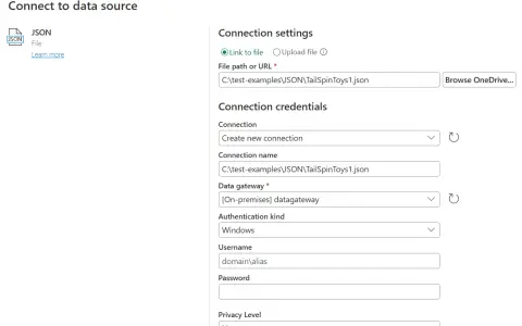 Konfiguracja połączenia z plikiem JSON. Wpisz ścieżkę do pliku, np. C:\test-examples\JSON\TailSpinToys1.json, aby zapisać dane w C#.