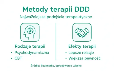 Metody terapii DDD: psychodynamiczna, CBT. Efekty: lepsze relacje, większa pewność. Programowanie DDD.