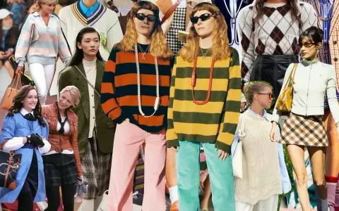 Kolekcja ubrań w stylu preppy: swetry w paski, romby, kraciaste spódniczki i marynarki.