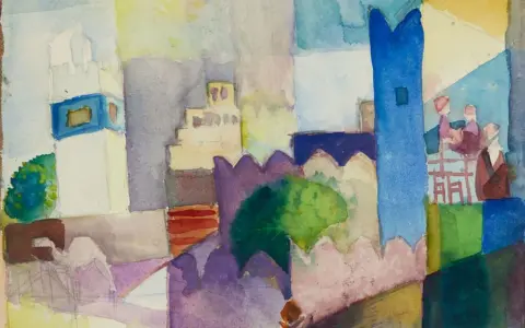 August Macke Tunisreise: Aquarell einer Stadtansicht mit Türmen, Mauern und Figuren. Farbenfrohe Darstellung nordafrikanischer Architektur.