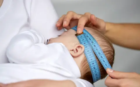 Dłoń mierzy obwód głowy niemowlęcia niebieską miarką krawiecką.
