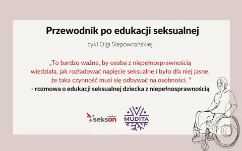 Przewodnik po edukacji seksualnej. Cytat podkreśla wagę rozmowy o seksie i potrzebę jasnego przekazu dla osób z niepełnosprawnościami.