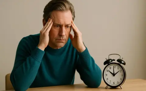 Uomo con le mani sulle tempie, espressione di stanchezza mentale. Accanto, una sveglia analogica.