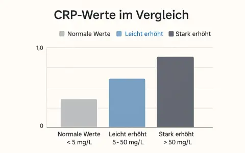 Balkendiagramm zeigt CRP-Werte im Vergleich für Erwachsene: normale Werte (< 5 mg/L), leicht erhöht (5-50 mg/L) und stark erhöht (> 50 mg/L).