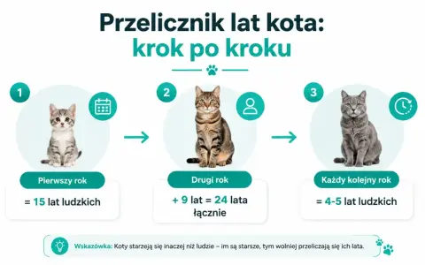Kociak, młody kot i dorosły kot pokazują, jak przeliczyć wiek kota na ludzkie lata. Pierwszy rok to 15 lat, drugi to 24, a każdy kolejny to 4-5 lat.
