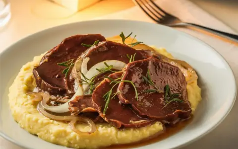 Fette di carne brasata su polenta cremosa, guarnite con cipolle caramellate e rosmarino. Un classico tra i piatti tipici veneti.