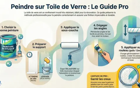 Guide étape par étape pour peindre sur toile de verre. Illustration montrant la préparation, l'application de sous-couche et de peinture avec rouleau et pinceau.
