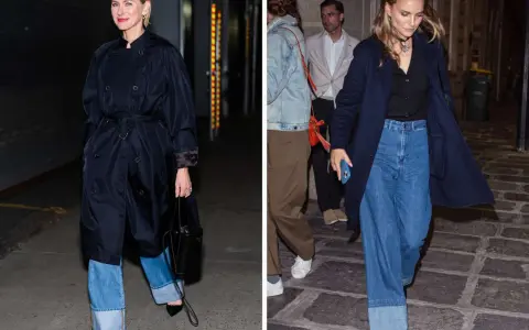 Naomi Watts i Natalie Portman w szerokich jeansach z podwijaniem spodni, obie w eleganckich płaszczach.