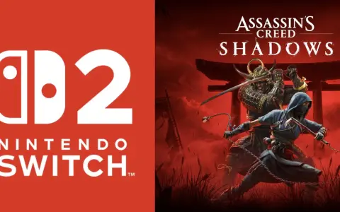 Logo de Nintendo Switch 2 junto a la portada de Assassin's Creed Shadows, con samuráis y ninjas en acción.