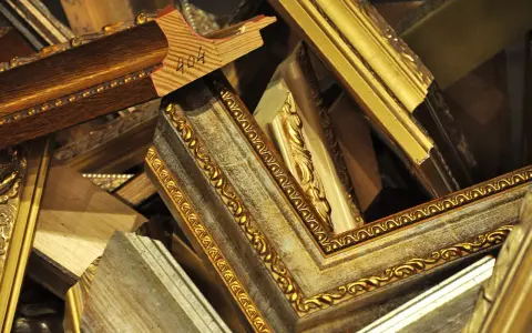 Empilement de cadres anciens dorés et patinés, prêts pour un nettoyage méticuleux.
