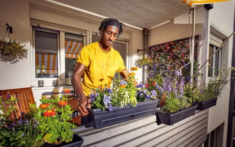 Mann bepflanzt einen Balkonkasten mit bunten Blumen. Der Mann in gelbem T-Shirt arrangiert die Pflanzen für ein schönes Ergebnis.