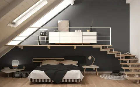 Camera da letto moderna con soppalco chiuso, letto matrimoniale, scala in legno e cassettiera bianca. Idee soppalco chiuso per sfruttare lo spazio.