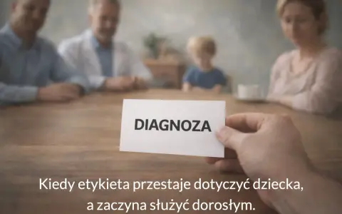 Dyskalkulia co to? Rodzina przy stole, ręka trzyma kartkę z napisem "DIAGNOZA". Kiedy etykieta przestaje dotyczyć dziecka, a zaczyna służyć dorosłym.