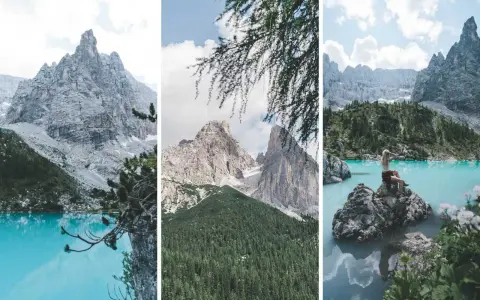 Drei Ansichten des Sorapis Sees mit türkisfarbenem Wasser, schroffen Bergen und grünen Wäldern. Eine Frau sitzt auf einem Felsen am Ufer.