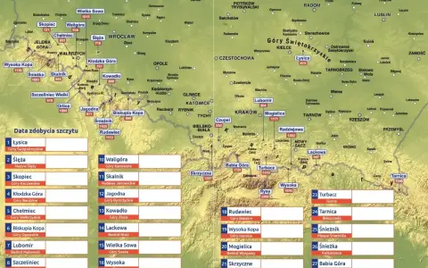 Mapa przedstawia szczyty górskie w Polsce, od Karkonoszy po Bieszczady.