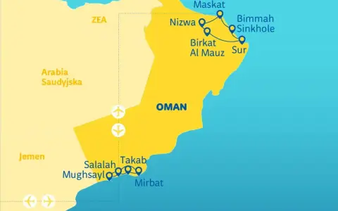Mapa pokazuje, gdzie leży Oman, z zaznaczonymi miastami: Maskat, Nizwa, Sur, Salalah. Widać też sąsiednie kraje: ZEA, Arabia Saudyjska, Jemen.