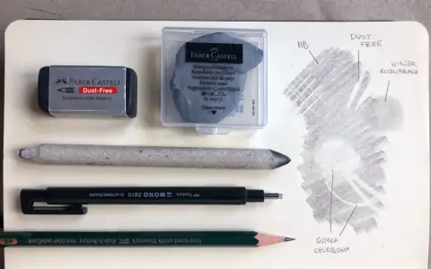 Ołówki do rysunku technicznego i akcesoria: gumki Faber-Castell, Tombow, rozcieracz, ołówek HB.