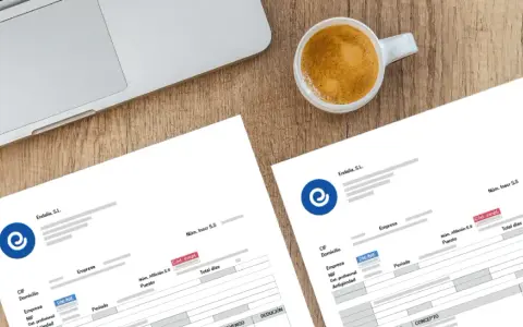 Documentos de nómina listos para ser procesados con un programa para hacer nominas. Café y portátil sugieren un entorno de trabajo.