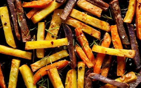 Pieczone frytki z ziemniaków i marchewki z rozmarynem i przyprawami.