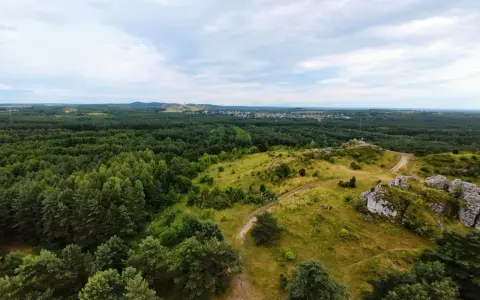 Krajobraz z wapiennymi ostańcami i ścieżkami na tle lasów i miasteczka. Jura Krakowsko-Częstochowska zachwyca zielenią i skalnymi formacjami.