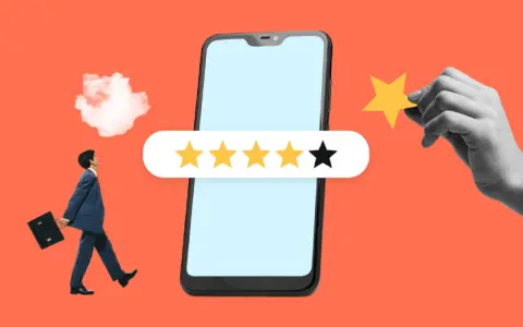 Un hombre de negocios camina hacia un teléfono con una reseña de 4 estrellas. Una mano añade la quinta estrella, ilustrando que es sampling.