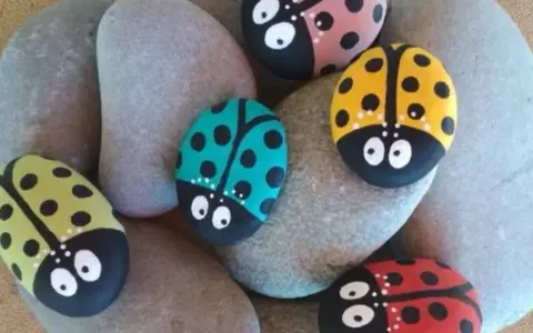 Seis piedras pintadas fáciles con mariquitas de colores: roja, amarilla, verde, rosa y turquesa, descansan sobre piedras grises.