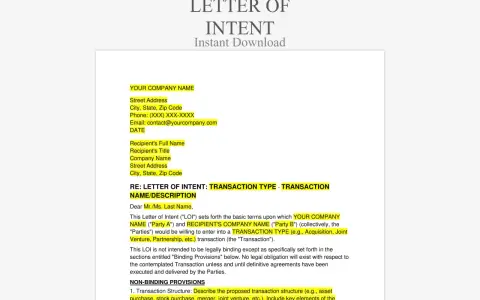 List intencyjny wzór dokumentu, który określa warunki transakcji, np. przejęcia, joint venture.