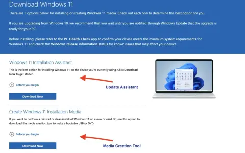 Strona z opcjami jak zainstalować Windows 11: Asystent Instalacji i Narzędzie do tworzenia nośnika.