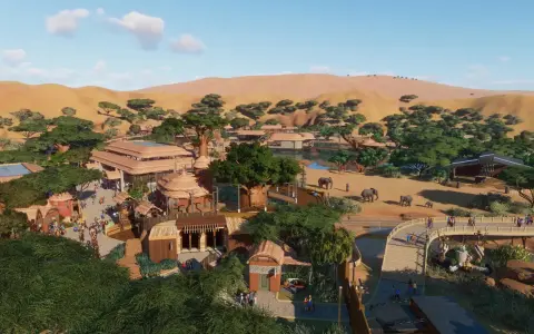 Wirtualne safari z żyrafami i słoniami, budynki w afrykańskim stylu. Idealne dla graczy, którzy sprawdzają planet zoo wymagania.