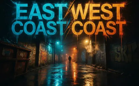 Nocny zaułek z neonowym napisem "EAST COAST WEST COAST". Deszczowa ulica, graffiti i samotna postać w oddali.