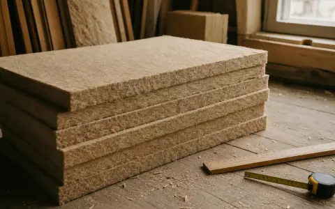 Panneau de fibre de bois empilé, prêt pour l'isolation. Un inconvénient potentiel : la poussière.