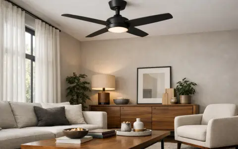 Ventilador de techo negro moderno con luz LED, que demuestra que son efectivos para crear un ambiente fresco y acogedor en un salón elegante.