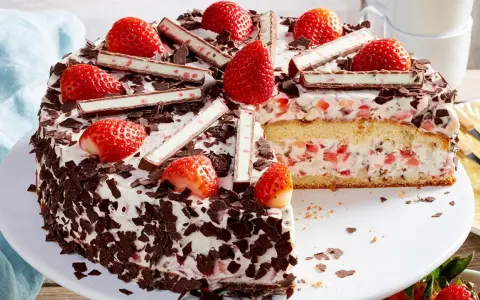 Eine köstliche Yogurette Torte mit frischen Erdbeeren, Schokostückchen und Sahne. Ein Stück ist bereits angeschnitten.