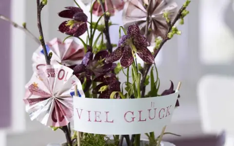 Kreative Geldgeschenke basteln: Ein Blumenarrangement mit gefalteten Euroscheinen und der Botschaft "Viel Glück".