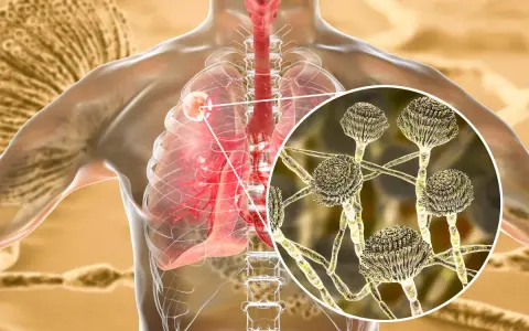 Ingrandimento di Aspergillus fumigatus che infetta i polmoni umani.
