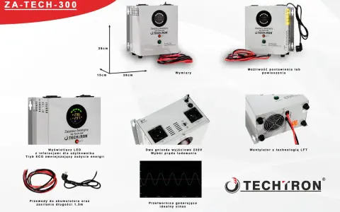 Domowy UPS Techtron ZA-TECH-300 z wyświetlaczem LED, dwoma gniazdami 230V i wentylatorem. Idealny do zabezpieczenia sprzętu.