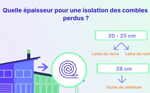 Quelle épaisseur pour une isolation des combles perdus ? Laine de verre/roche : 20-25 cm. Ouate de cellulose : 28 cm.