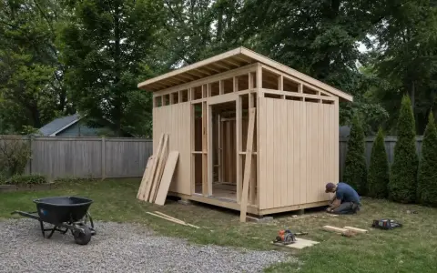 Man bygger en bod utomhus. Trämaterial och verktyg ligger utspridda på gräsmattan.