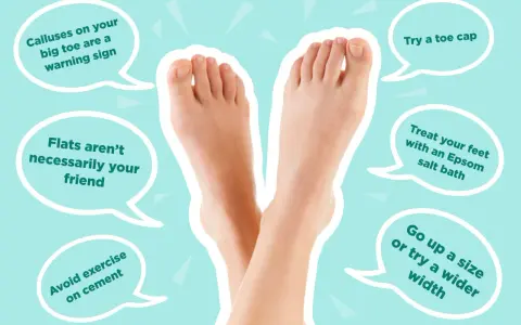 A pair of bare feet, with advice bubbles suggesting treatments like soaking feet in cold water with Epsom salt.