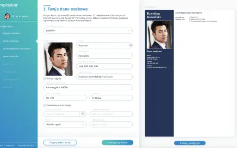 Krystian Kowalski uzupełnia swoje CV, wpisując dane osobowe: imię, nazwisko, adres, telefon i e-mail.