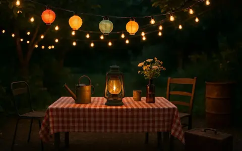 Ambiance guinguette : lanternes colorées, table à carreaux rouges, arrosoir et lanterne à pétrole. Parfait pour fabriquer deco guinguette.