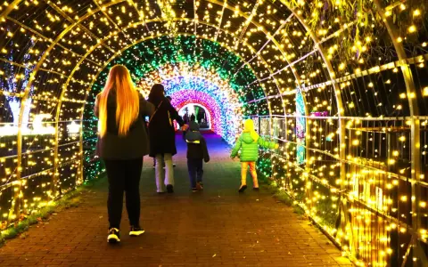 Rodzina spaceruje przez świetlisty tunel w Krakowie. Kolorowe lampki tworzą magiczny ogród świateł.