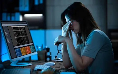 Femme fatiguée devant un écran, lunettes à la main. La hyperconnectivité définition se reflète dans son regard las face aux données.