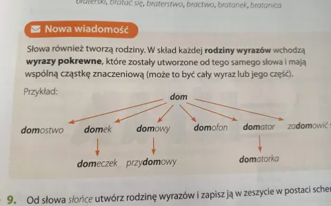 Schemat przedstawia rodzinę wyrazów z rdzeniem "dom": dom, domostwo, domek, domowy, domofon, domator, zadomowić się, domeczek, przydomowy, domatorka.