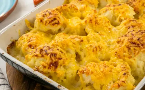 Coliflor gratinada con bechamel cremosa y queso dorado, lista para servir.