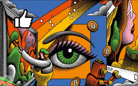 A vibrant illustration showing how to start buying art with Bitcoin. A hand paints on a screen, a giant eye observes, and Bitcoin symbols float around.