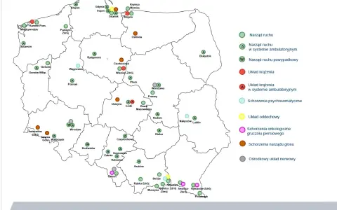 Mapa ZUS z 2026 r. pokazuje ośrodki rehabilitacyjne. Brązowe kółka oznaczają miejsca, gdzie ZUS wysyła do sanatorium na narząd głosu, np. w Świeradowie-Zdroju.